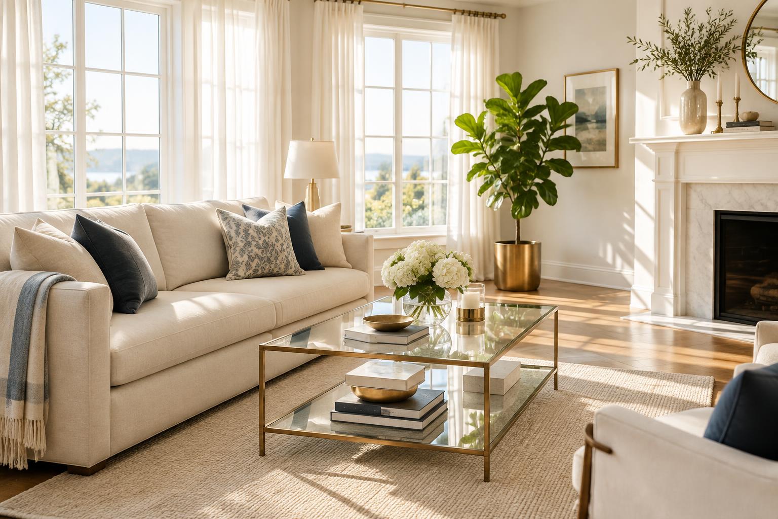 A bright, freshly cleaned living room with a cream sofa and sunlit windows